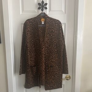 Ruby Rd. Black and Brown Paisley Open Front Sweater Coat Front Patch Pockets Lar